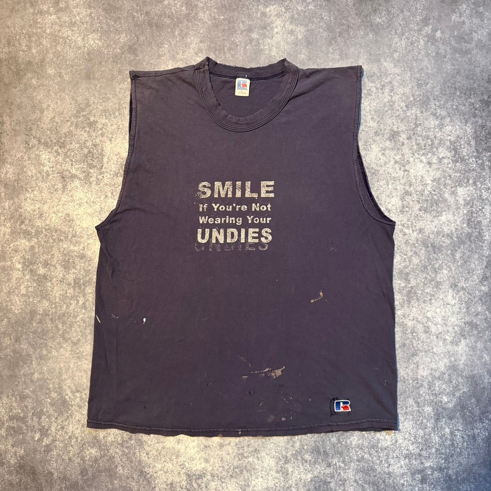 VTG Russell Athletic‎ Smile If Youre Not Wearing Undies Muscle Tee Shirt L Funny
